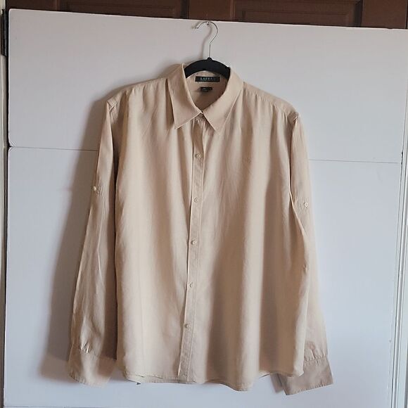 Ralph Lauren Linen Plus Size XL Tan Colored Roll Tab Sleeve, Collared - Picture 1 of 6